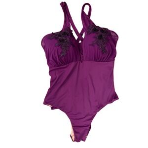 NWOSWIM365 Purple One Piece Swimsuit Rhinestone Floral Embellishment Size 26